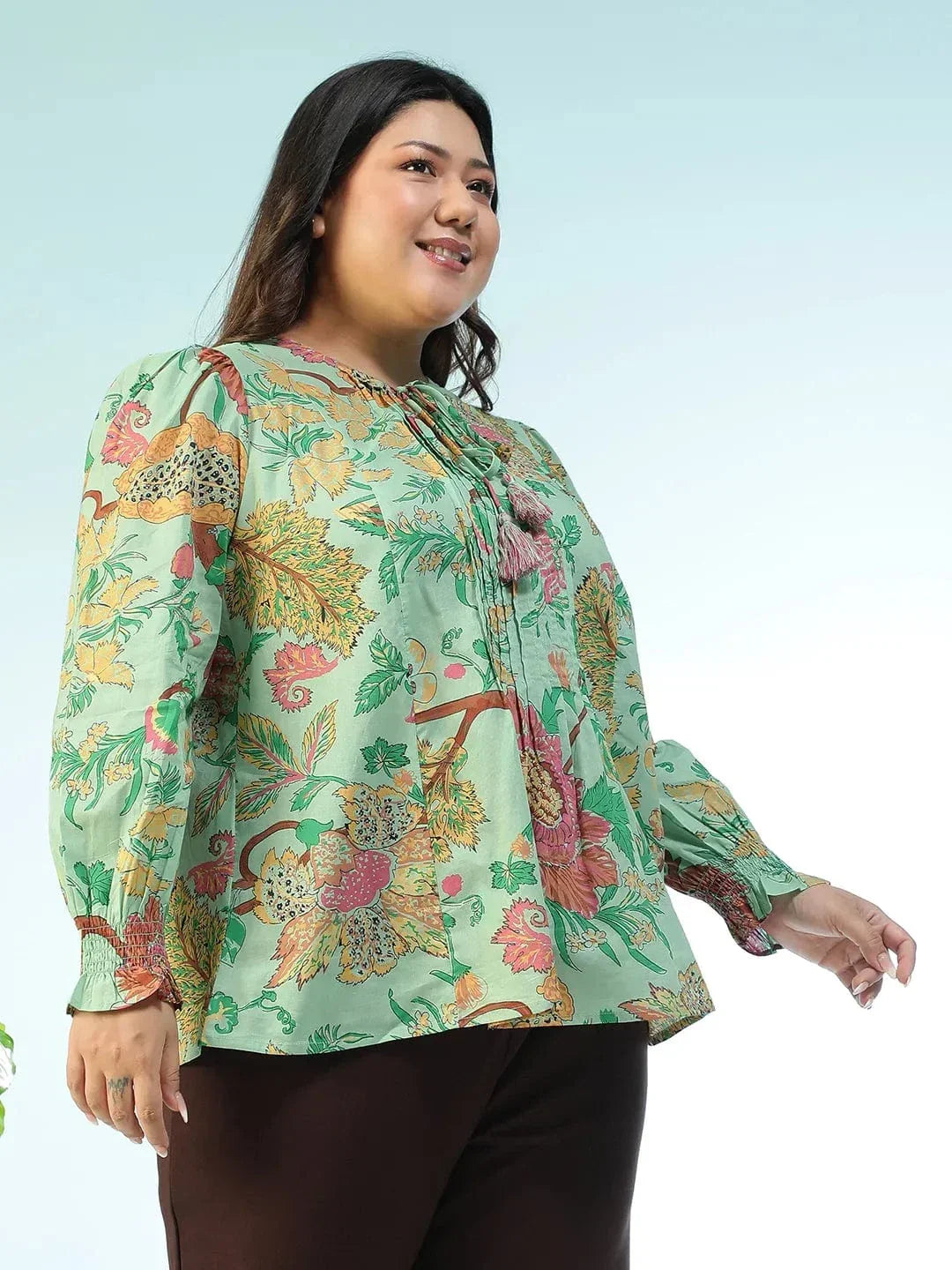 Vibelined Multicolor Floral Print Tassels & Tie -Up Detail Long Sleeve Plus Size Women Cotton Top - oxolloxo