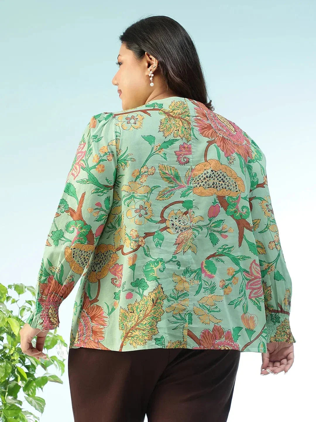Vibelined Multicolor Floral Print Tassels & Tie -Up Detail Long Sleeve Plus Size Women Cotton Top - oxolloxo