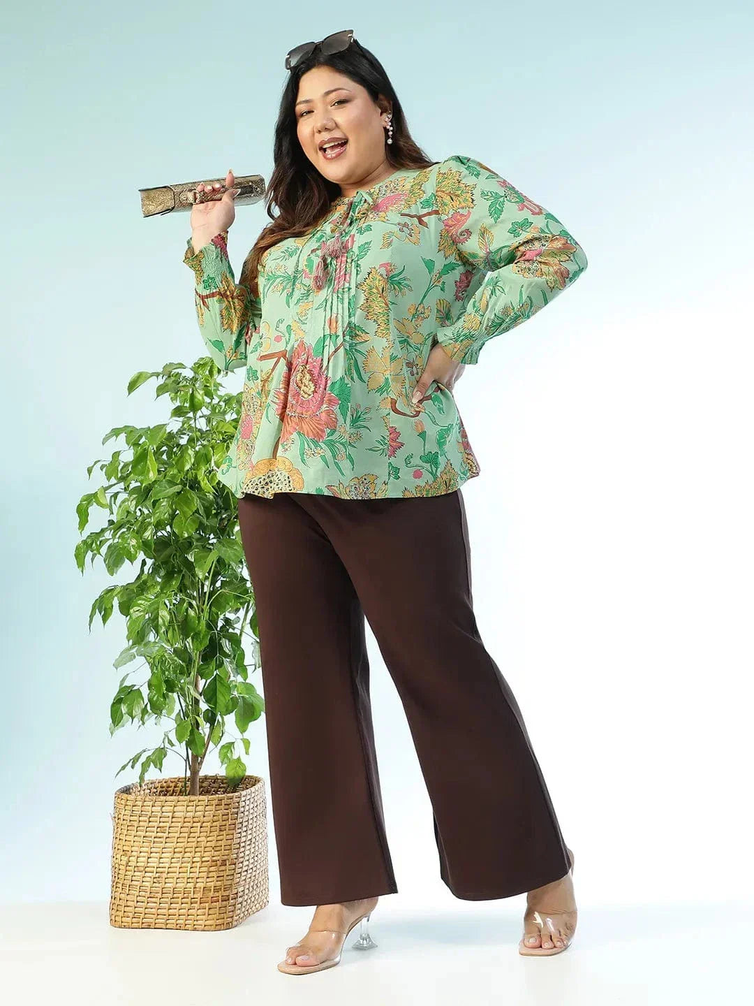 Vibelined Multicolor Floral Print Tassels & Tie -Up Detail Long Sleeve Plus Size Women Cotton Top - oxolloxo
