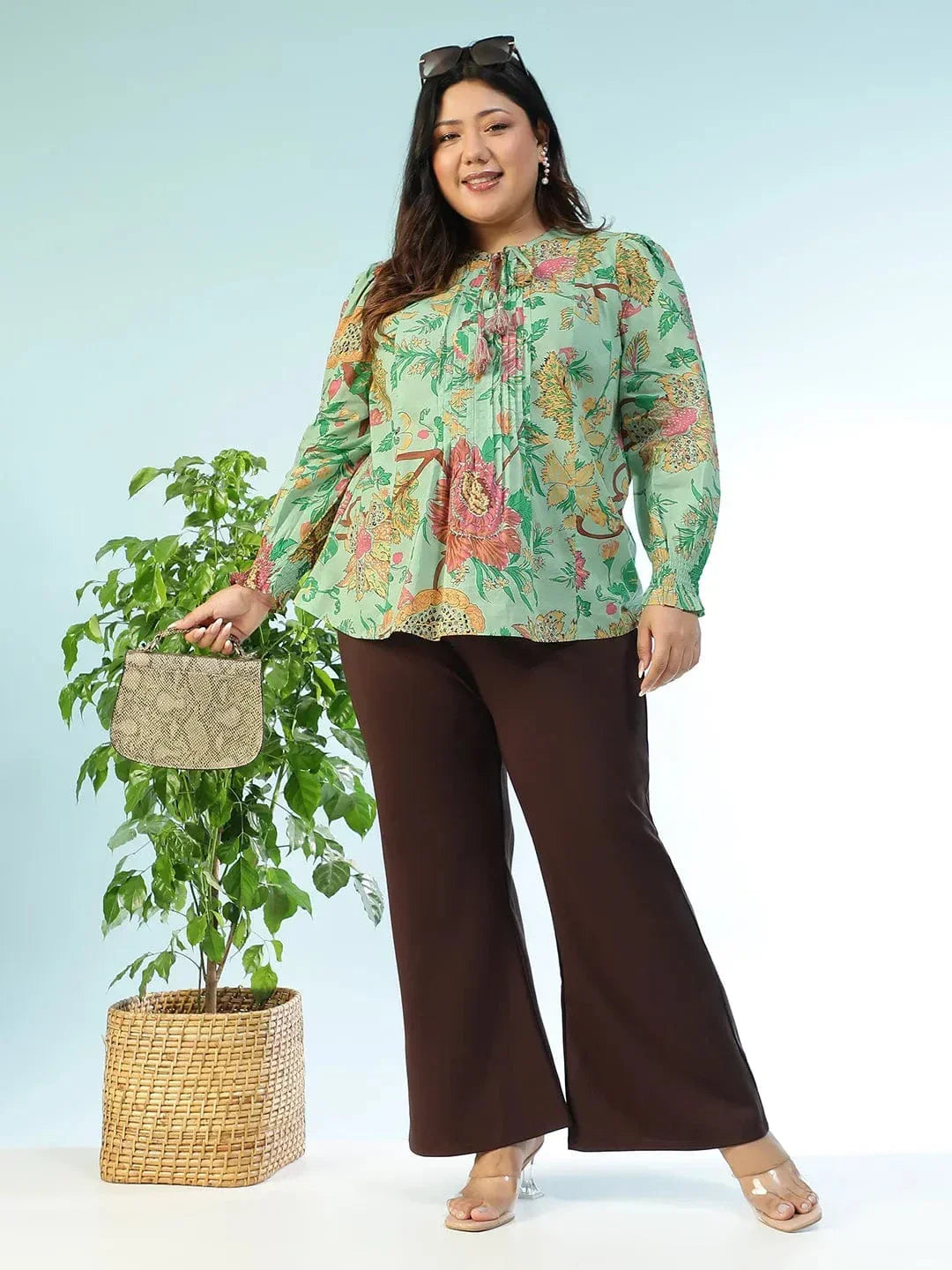 Vibelined Multicolor Floral Print Tassels & Tie -Up Detail Long Sleeve Plus Size Women Cotton Top - oxolloxo