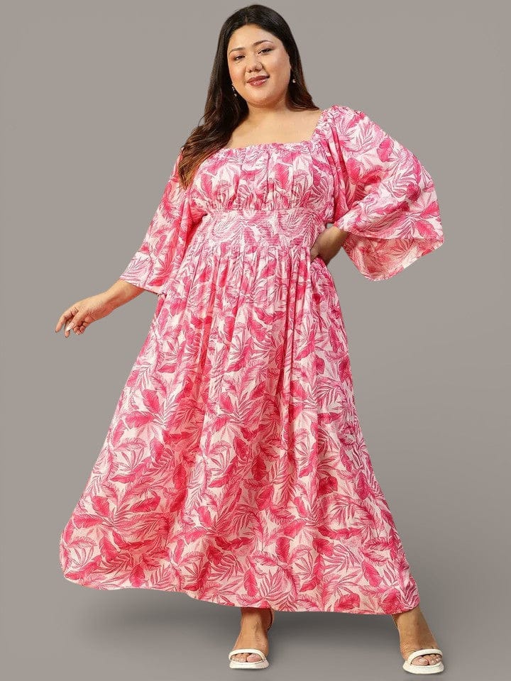 Dazed Pink Floral Print Long Sleeve Smocked Long Flare Plus Size Women Dress
