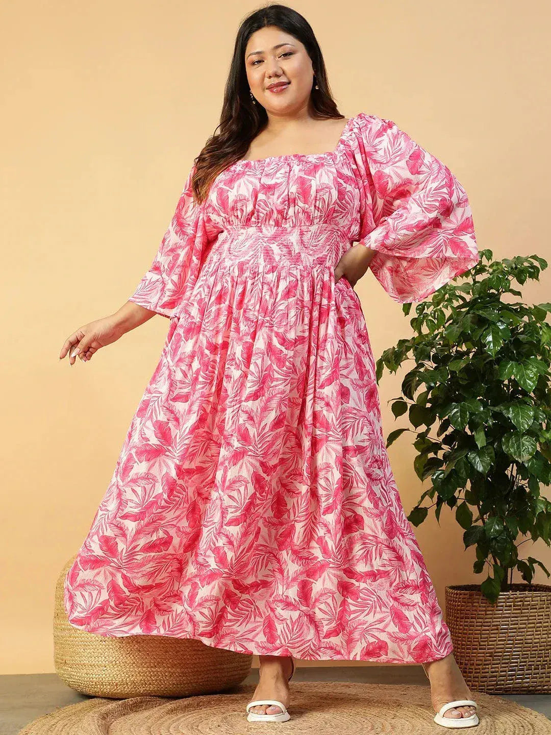 Dazed Pink Floral Print Long Sleeve Smocked Long Flare Plus Size Women Dress - oxolloxo