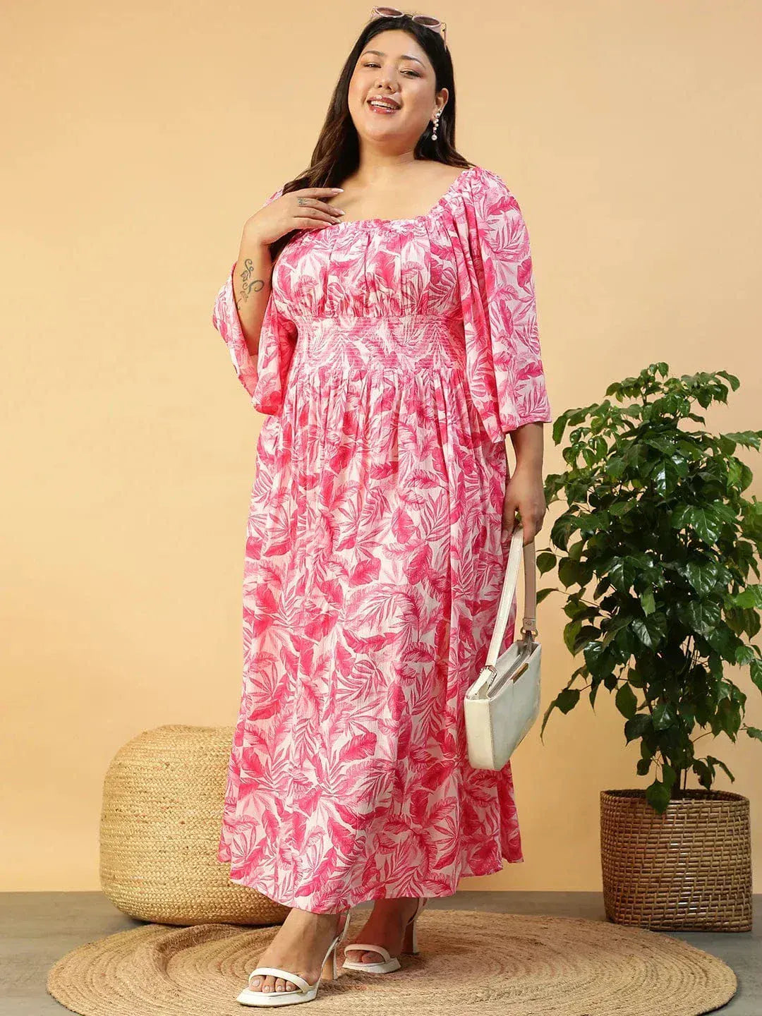 Dazed Pink Floral Print Long Sleeve Smocked Long Flare Plus Size Women Dress - oxolloxo