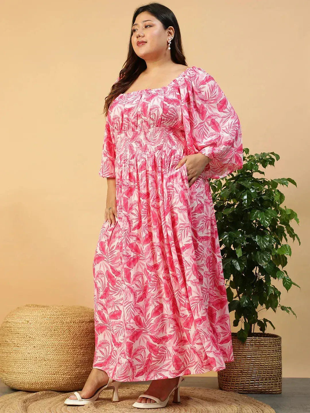 Dazed Pink Floral Print Long Sleeve Smocked Long Flare Plus Size Women Dress - oxolloxo