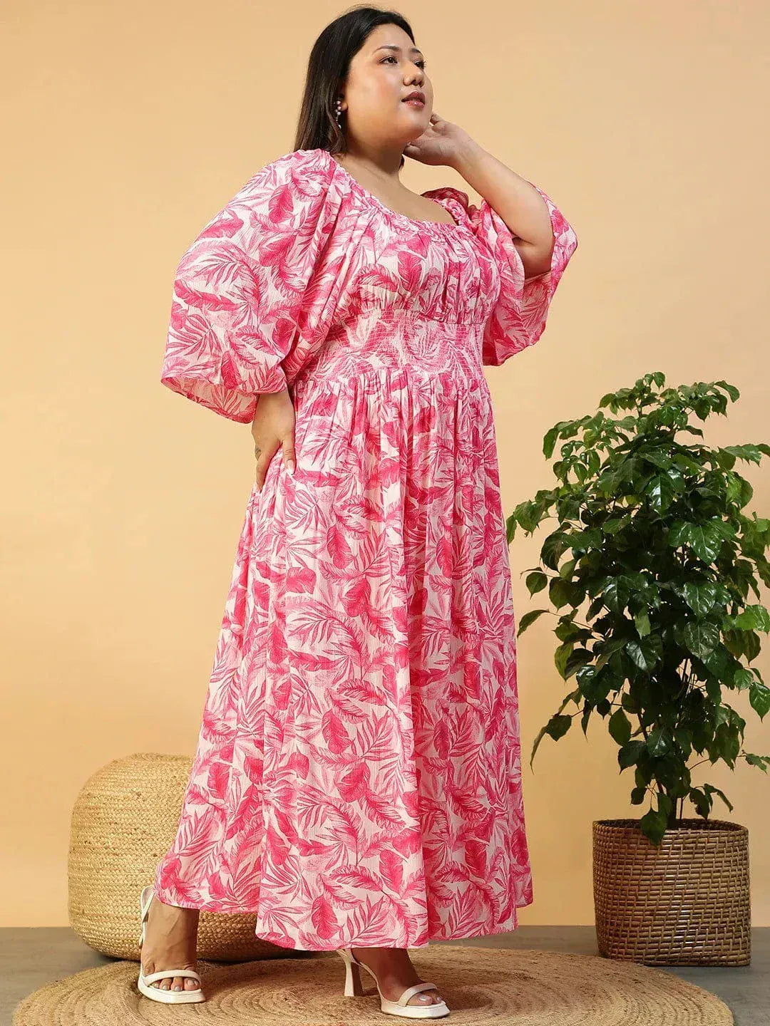 Dazed Pink Floral Print Long Sleeve Smocked Long Flare Plus Size Women Dress - oxolloxo