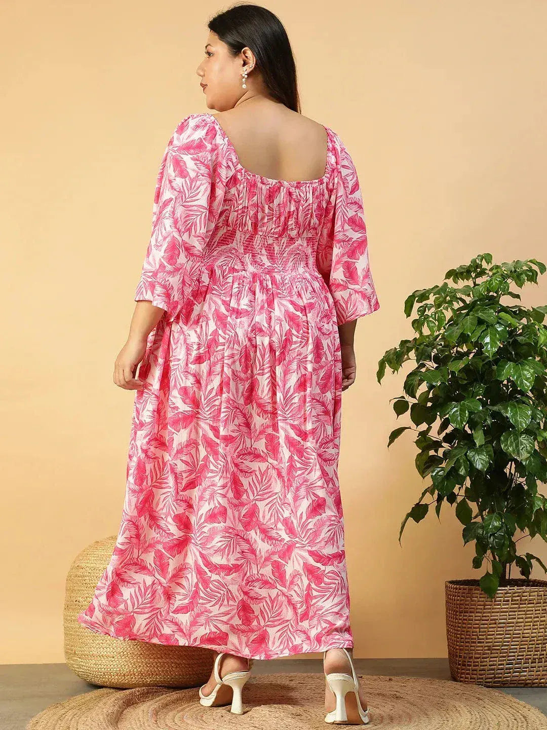 Dazed Pink Floral Print Long Sleeve Smocked Long Flare Plus Size Women Dress - oxolloxo