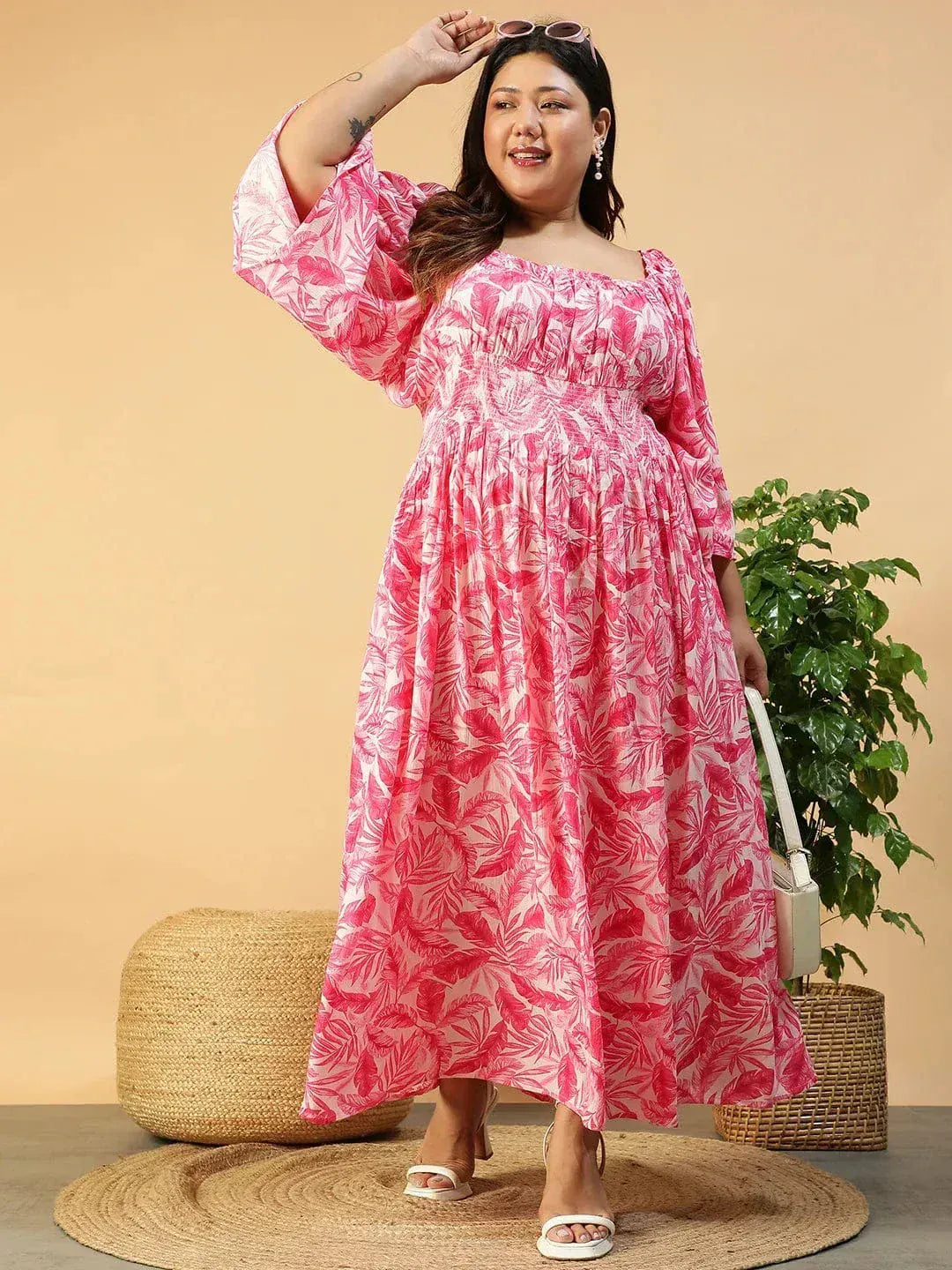 Dazed Pink Floral Print Long Sleeve Smocked Long Flare Plus Size Women Dress - oxolloxo