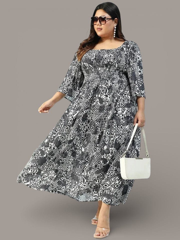 Lushcore Black Floral Print Long Sleeve Smocked Long Flare Plus Size Women Dress