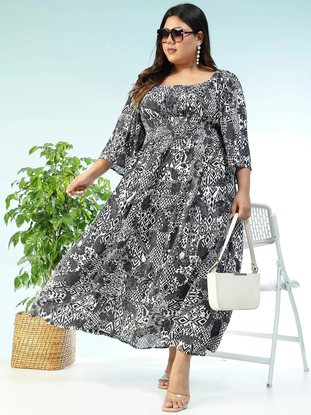 Lushcore Black Floral Print Long Sleeve Smocked Long Flare Plus Size Women Dress