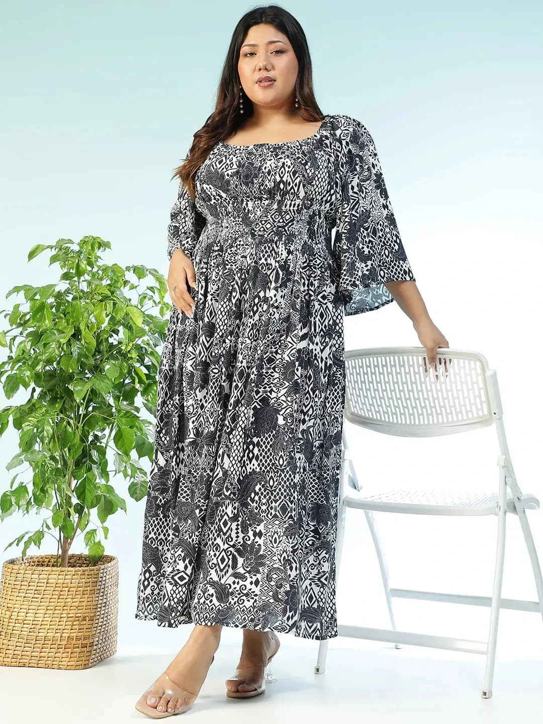 Lushcore Black Floral Print Long Sleeve Smocked Long Flare Plus Size Women Dress - oxolloxo