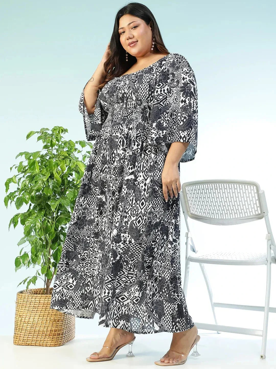 Lushcore Black Floral Print Long Sleeve Smocked Long Flare Plus Size Women Dress - oxolloxo