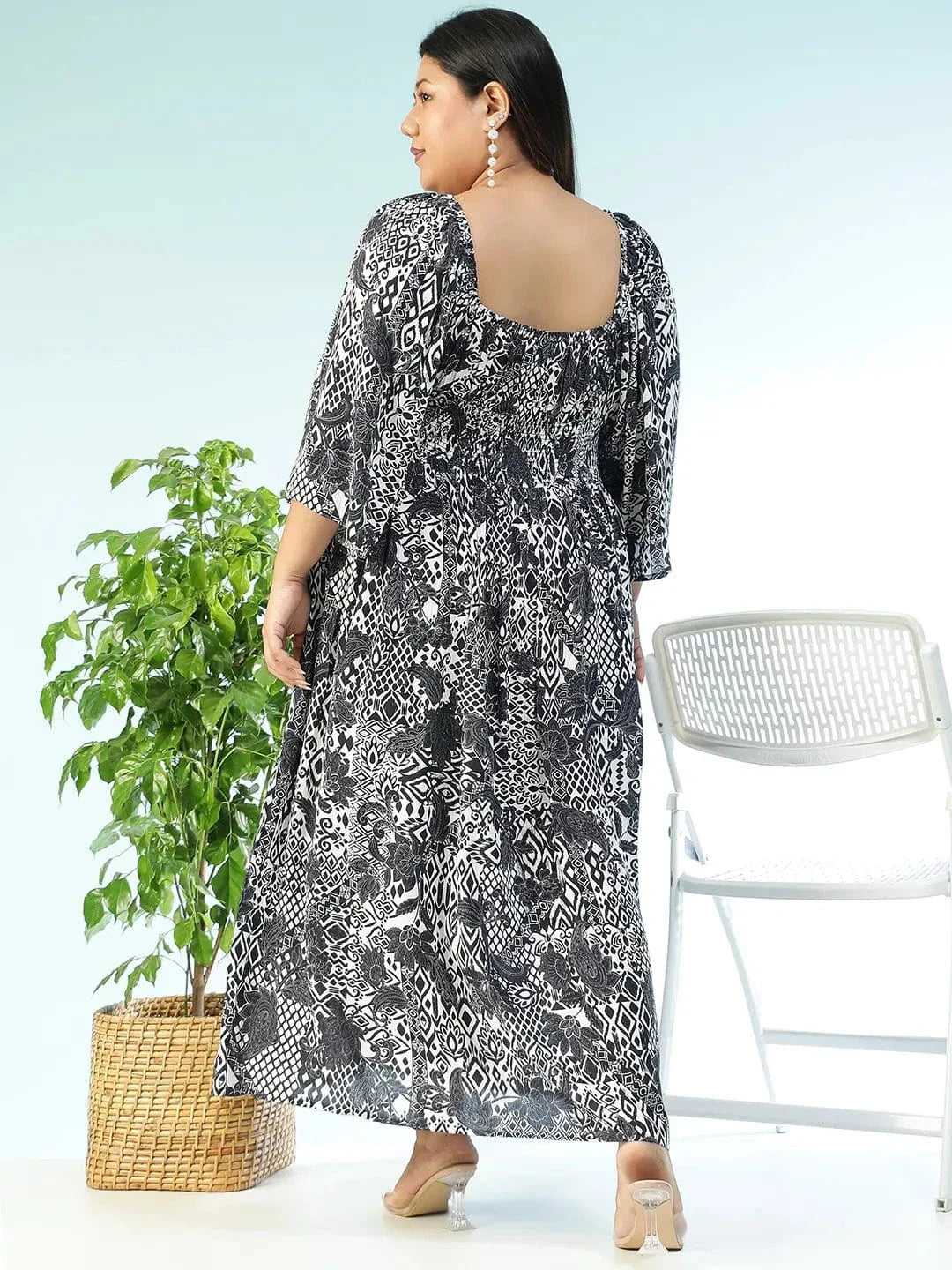 Lushcore Black Floral Print Long Sleeve Smocked Long Flare Plus Size Women Dress - oxolloxo