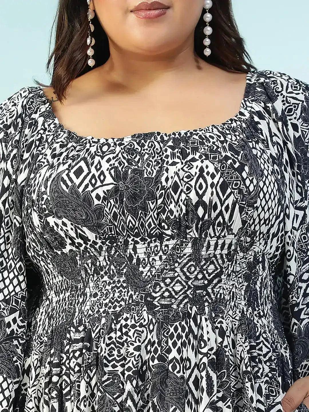 Lushcore Black Floral Print Long Sleeve Smocked Long Flare Plus Size Women Dress - oxolloxo