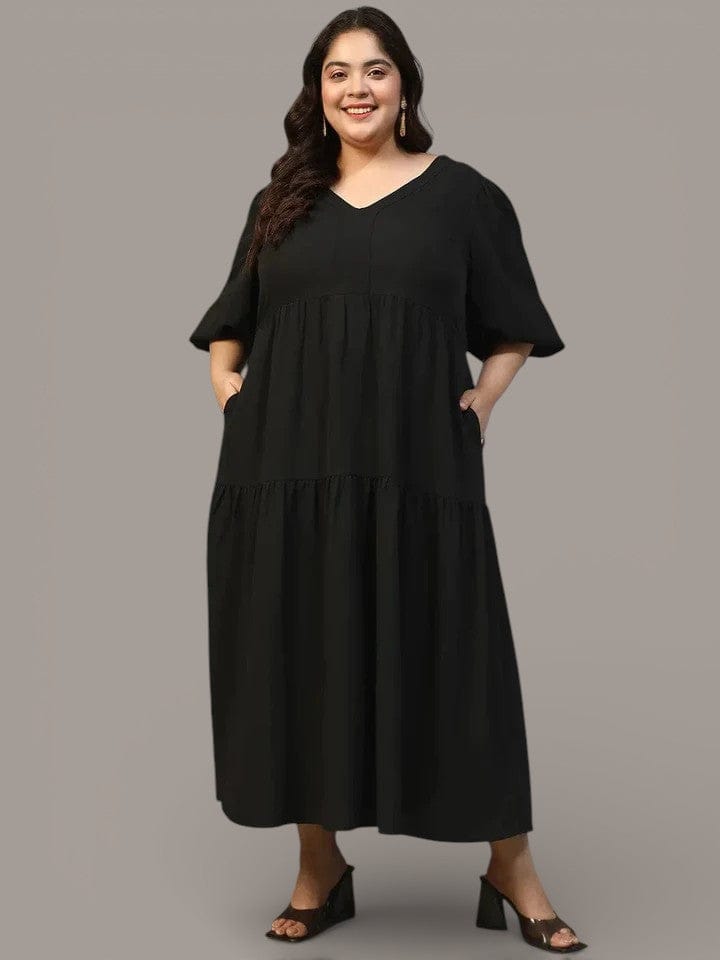 Fresh Black Short Balloon Sleeve Plus Size Women Long Maxi Dress