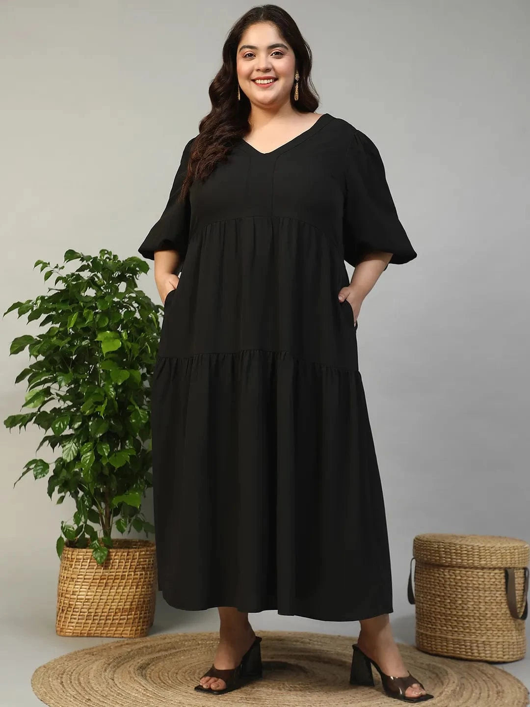 Fresh Black Short Balloon Sleeve Plus Size Women Long Maxi Dress