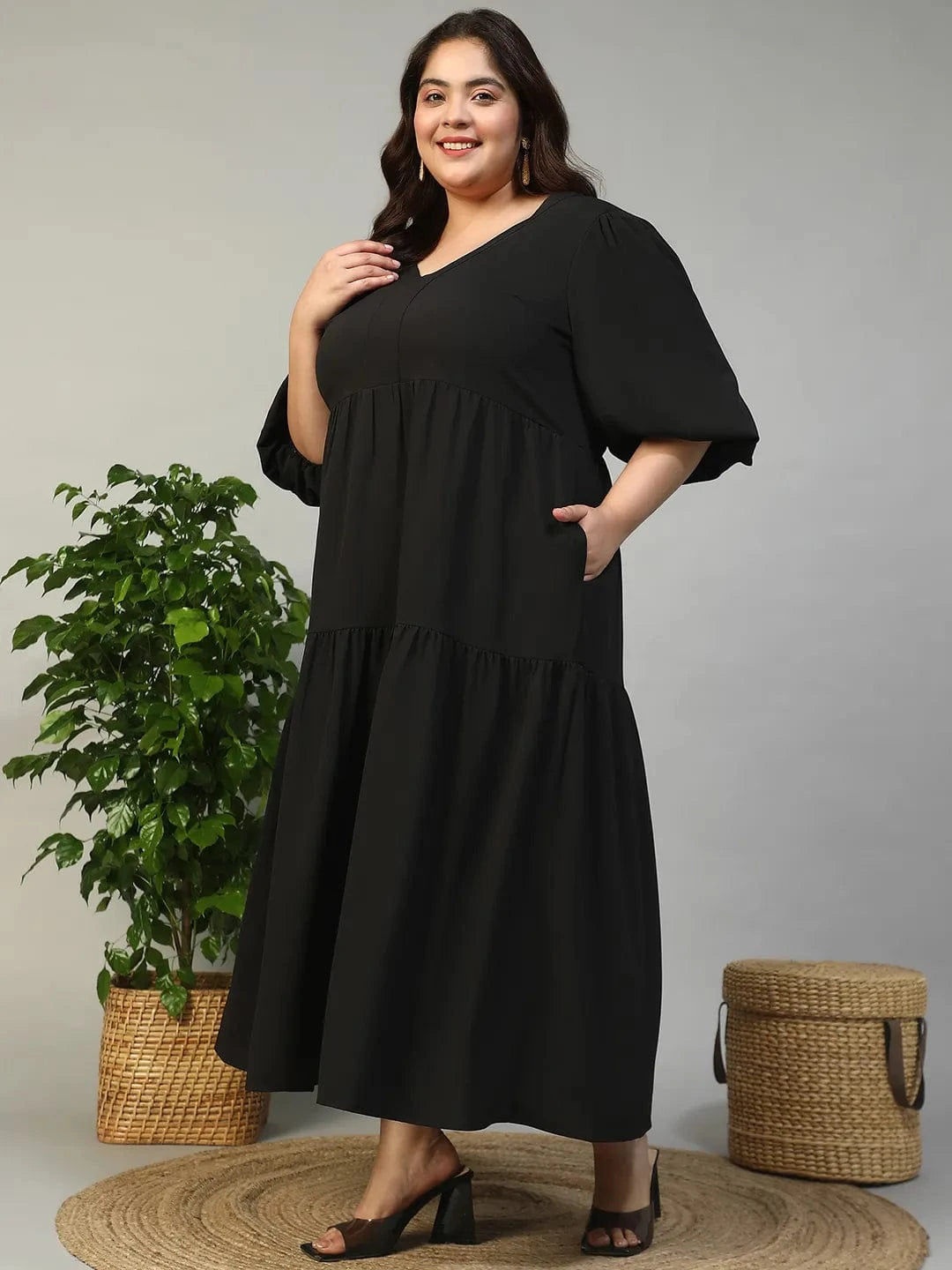 Fresh Black Short Balloon Sleeve Plus Size Women Long Maxi Dress