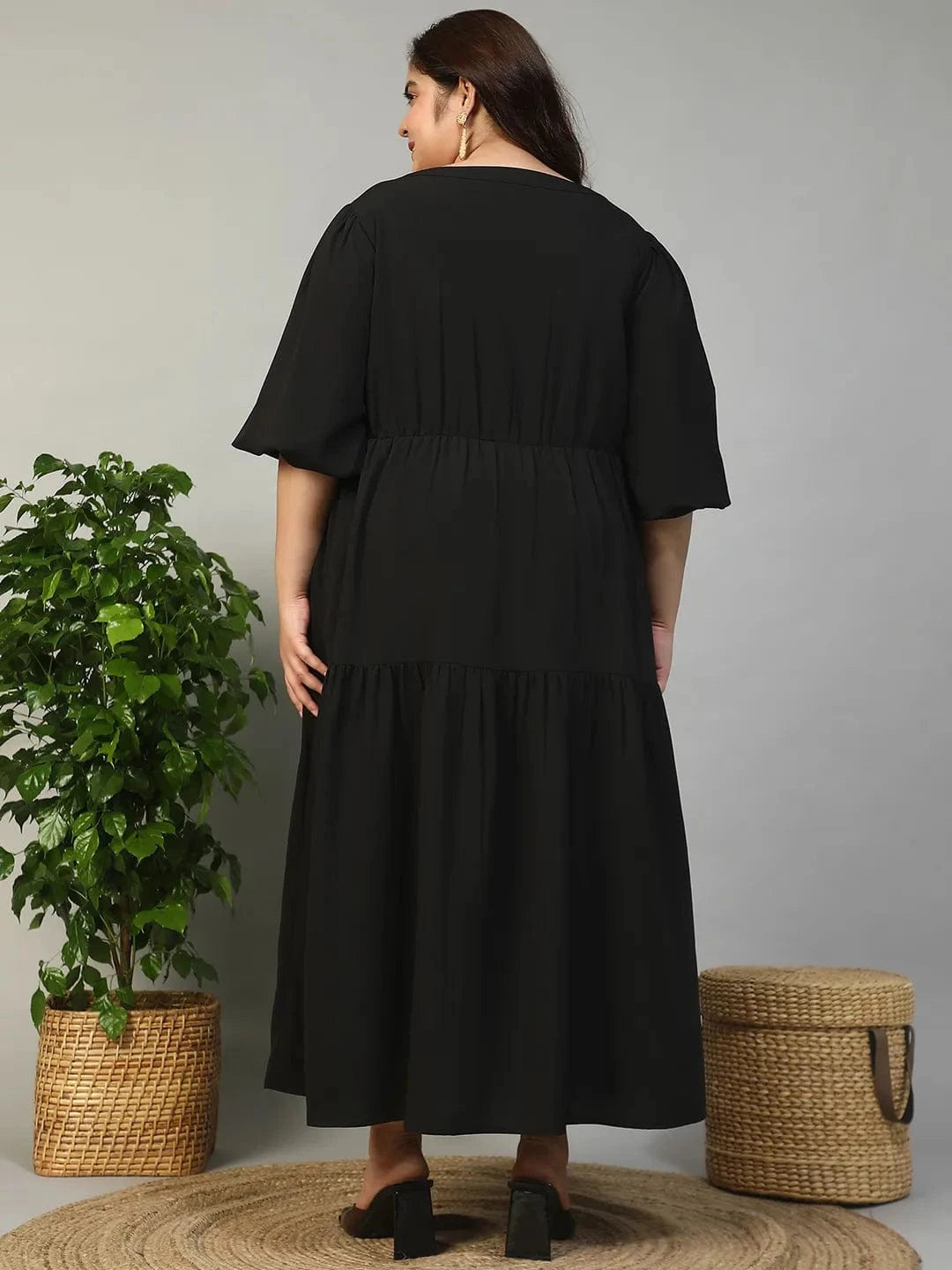 Fresh Black Short Balloon Sleeve Plus Size Women Long Maxi Dress
