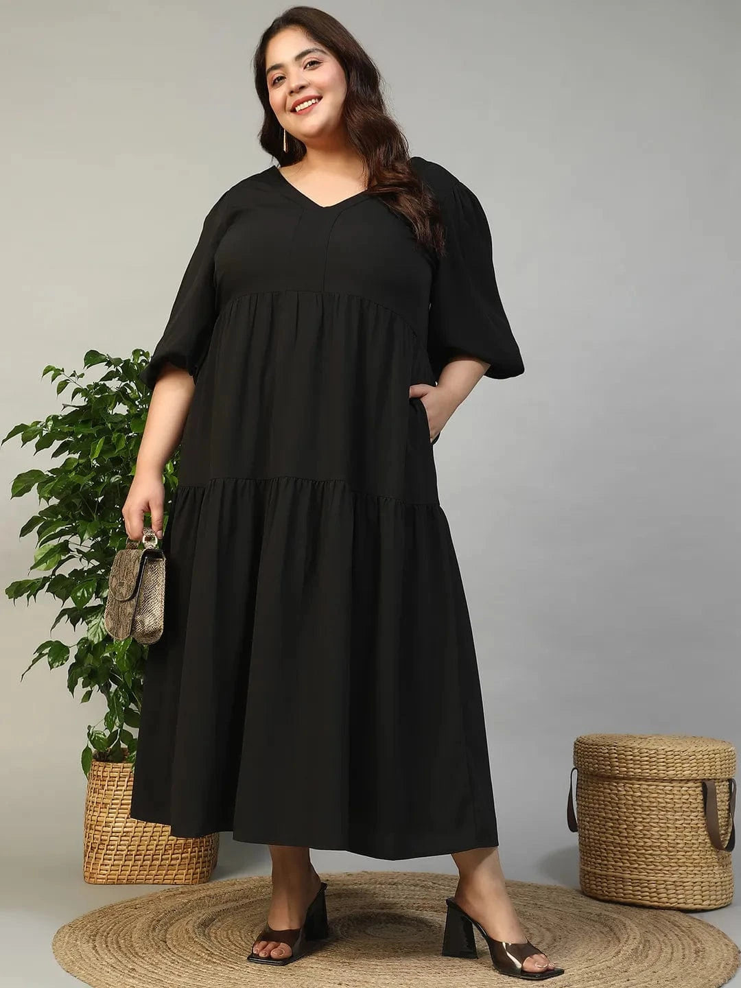 Fresh Black Short Balloon Sleeve Plus Size Women Long Maxi Dress