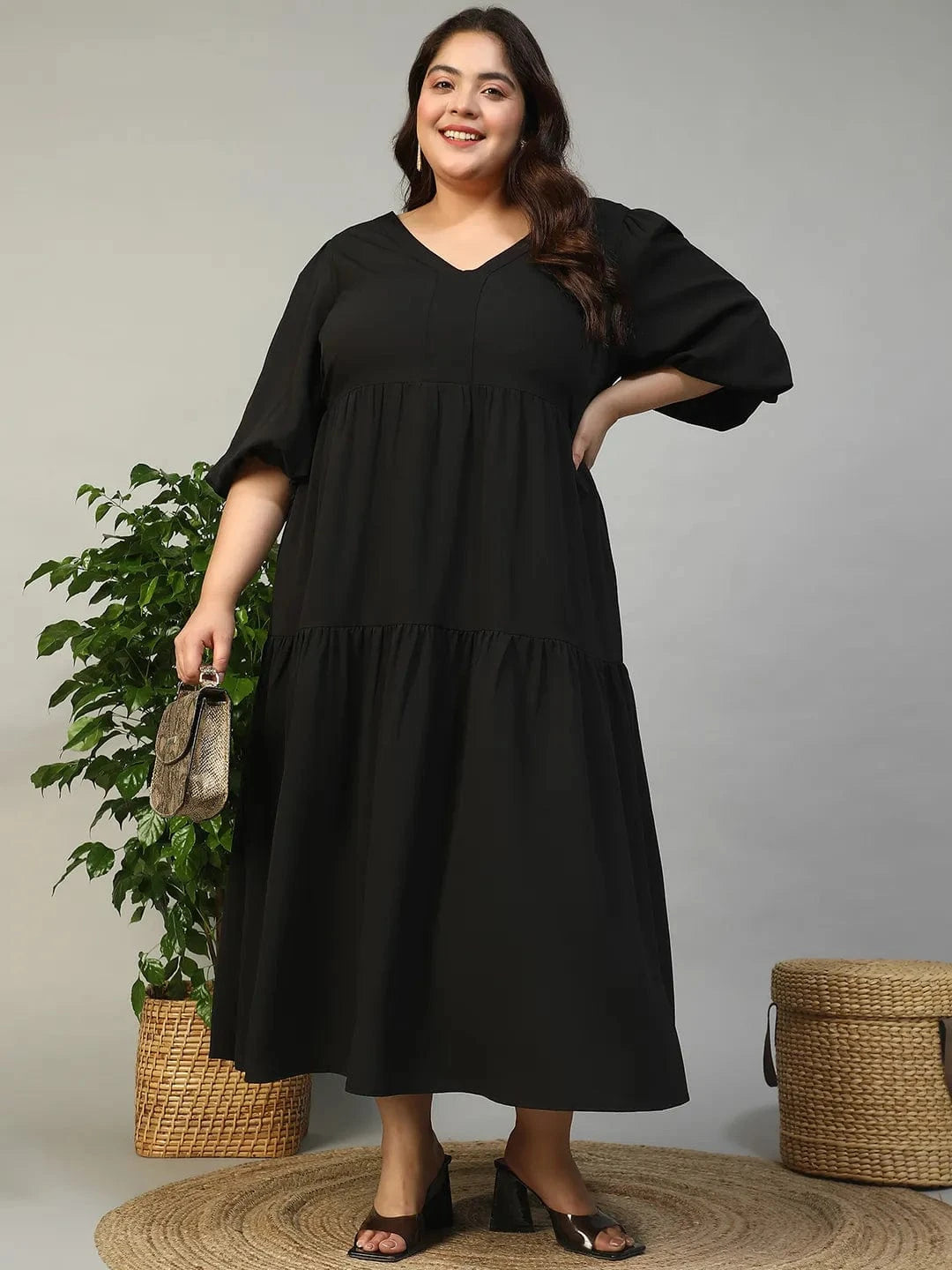 Fresh Black Short Balloon Sleeve Plus Size Women Long Maxi Dress