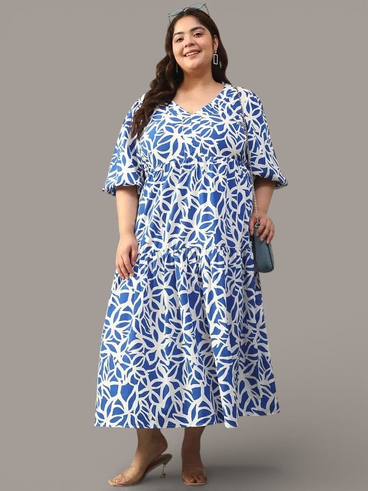 Bare Blue Floral Print Short Balloon Sleeve Plus Size Women Long Maxi Dress