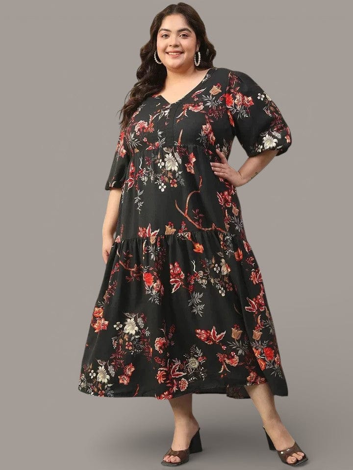 Typical Black Floral Print Short Balloon Sleeve Plus Size Women Long Maxi Dress