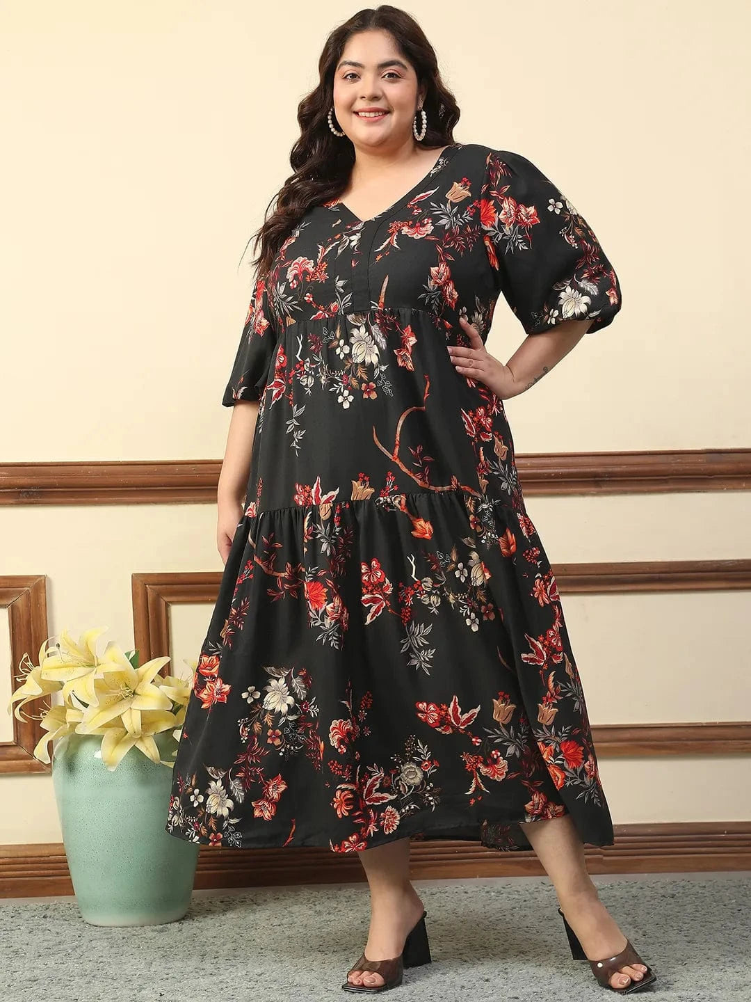 Typical Black Floral Print Short Balloon Sleeve Plus Size Women Long Maxi Dress