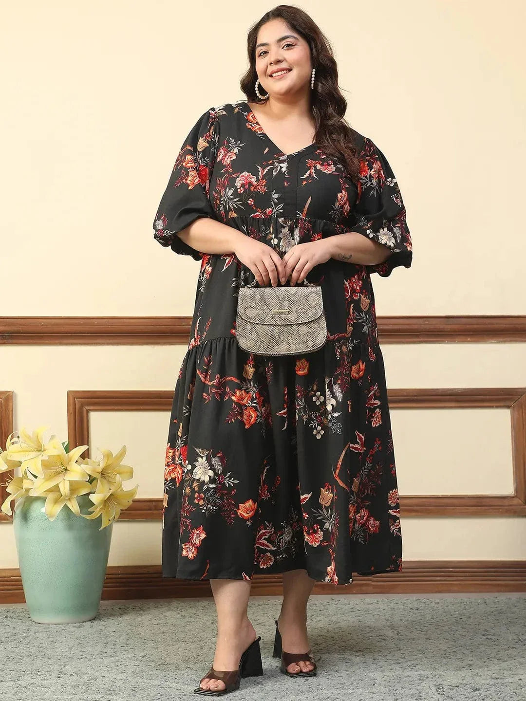 2XL Typical Black Floral Print Short Balloon Sleeve Plus Size Women Long Maxi Dress