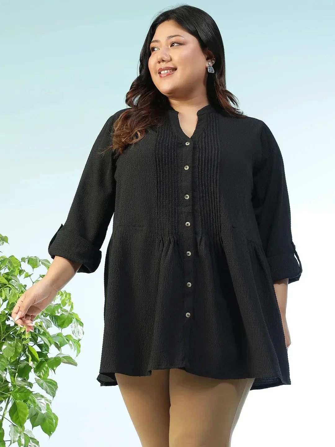Zentail Solid Black Long Sleeve Pleates Detail Button Down Plus Size Women Dobby Tunic - oxolloxo