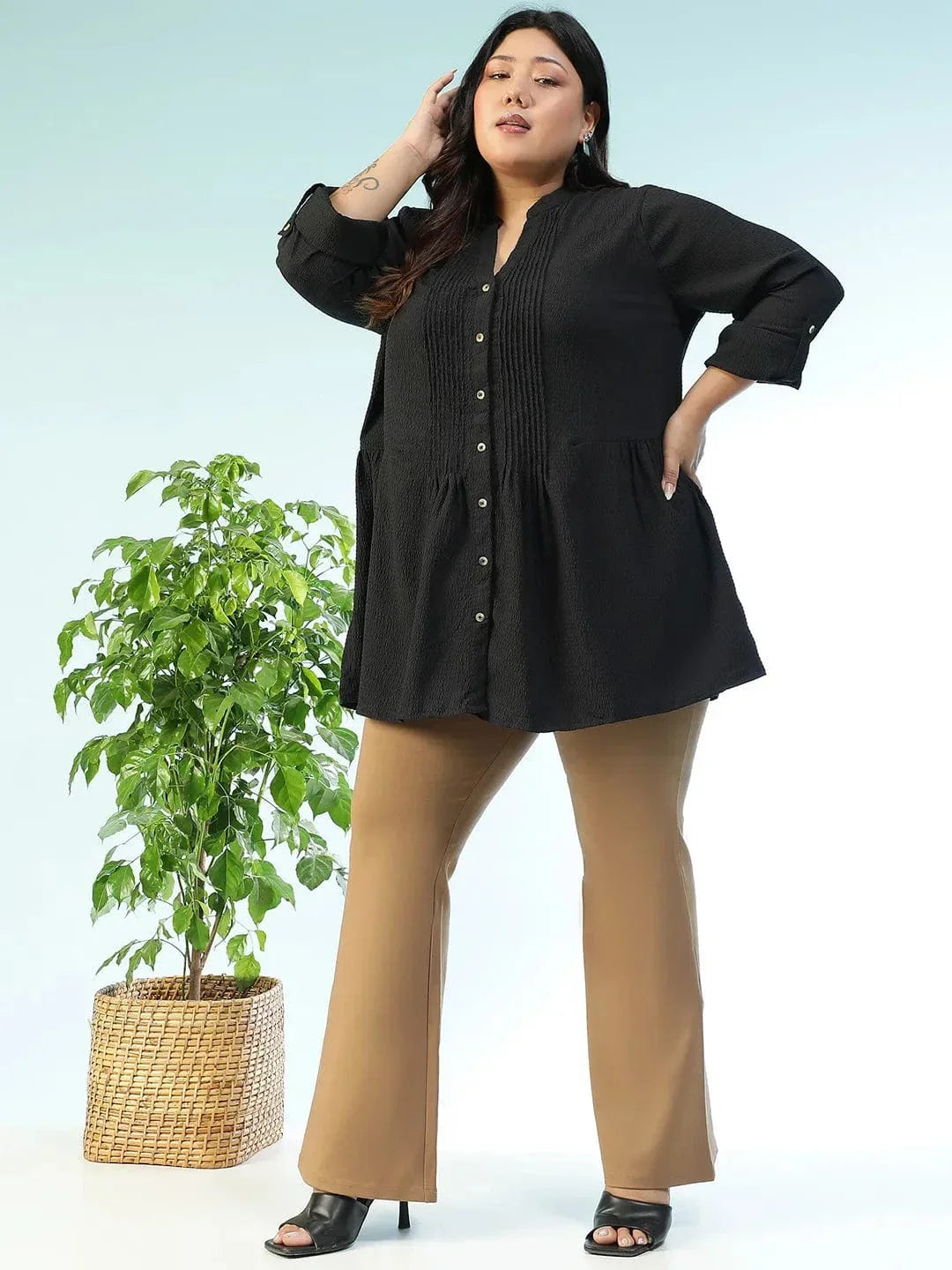 Zentail Solid Black Long Sleeve Pleates Detail Button Down Plus Size Women Dobby Tunic - oxolloxo