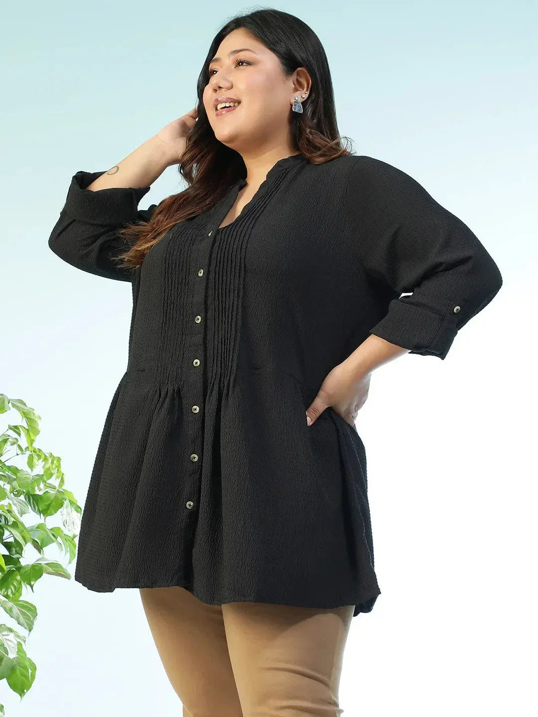 Zentail Solid Black Long Sleeve Pleates Detail Button Down Plus Size Women Dobby Tunic - oxolloxo