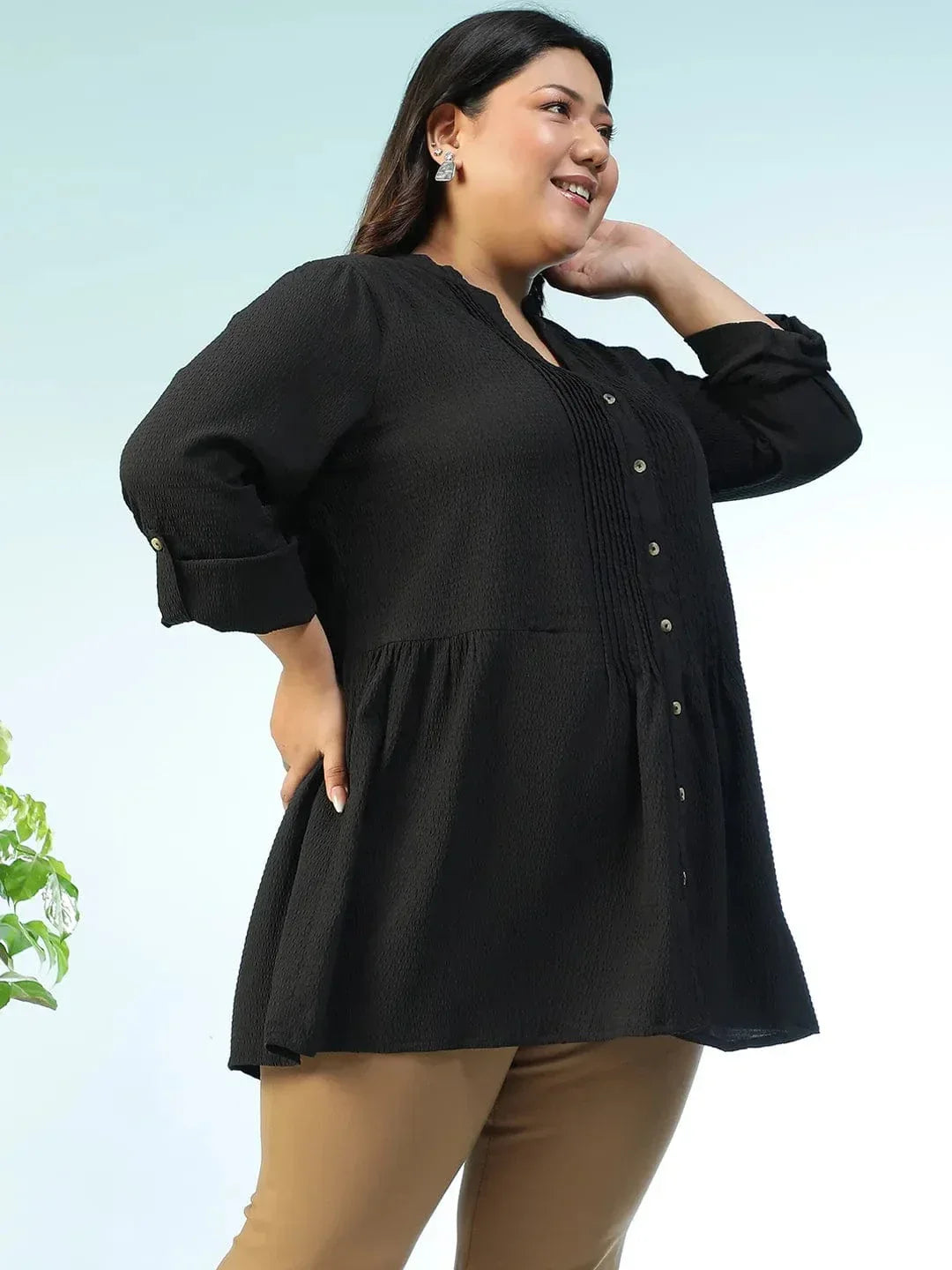 Zentail Solid Black Long Sleeve Pleates Detail Button Down Plus Size Women Dobby Tunic - oxolloxo