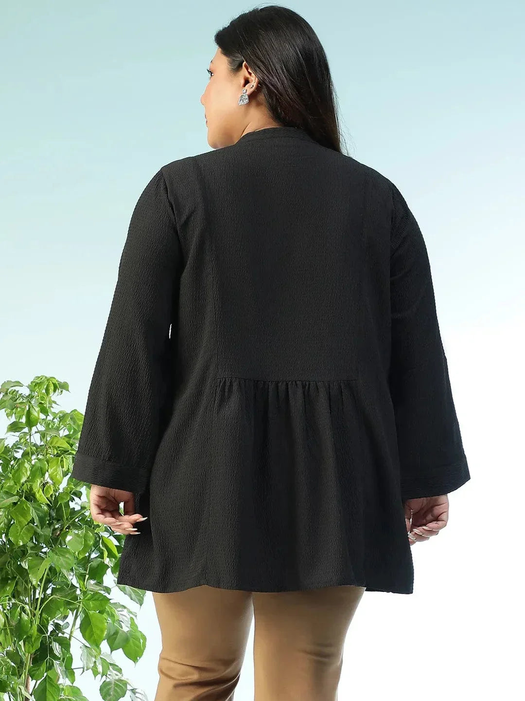 Zentail Solid Black Long Sleeve Pleates Detail Button Down Plus Size Women Dobby Tunic - oxolloxo