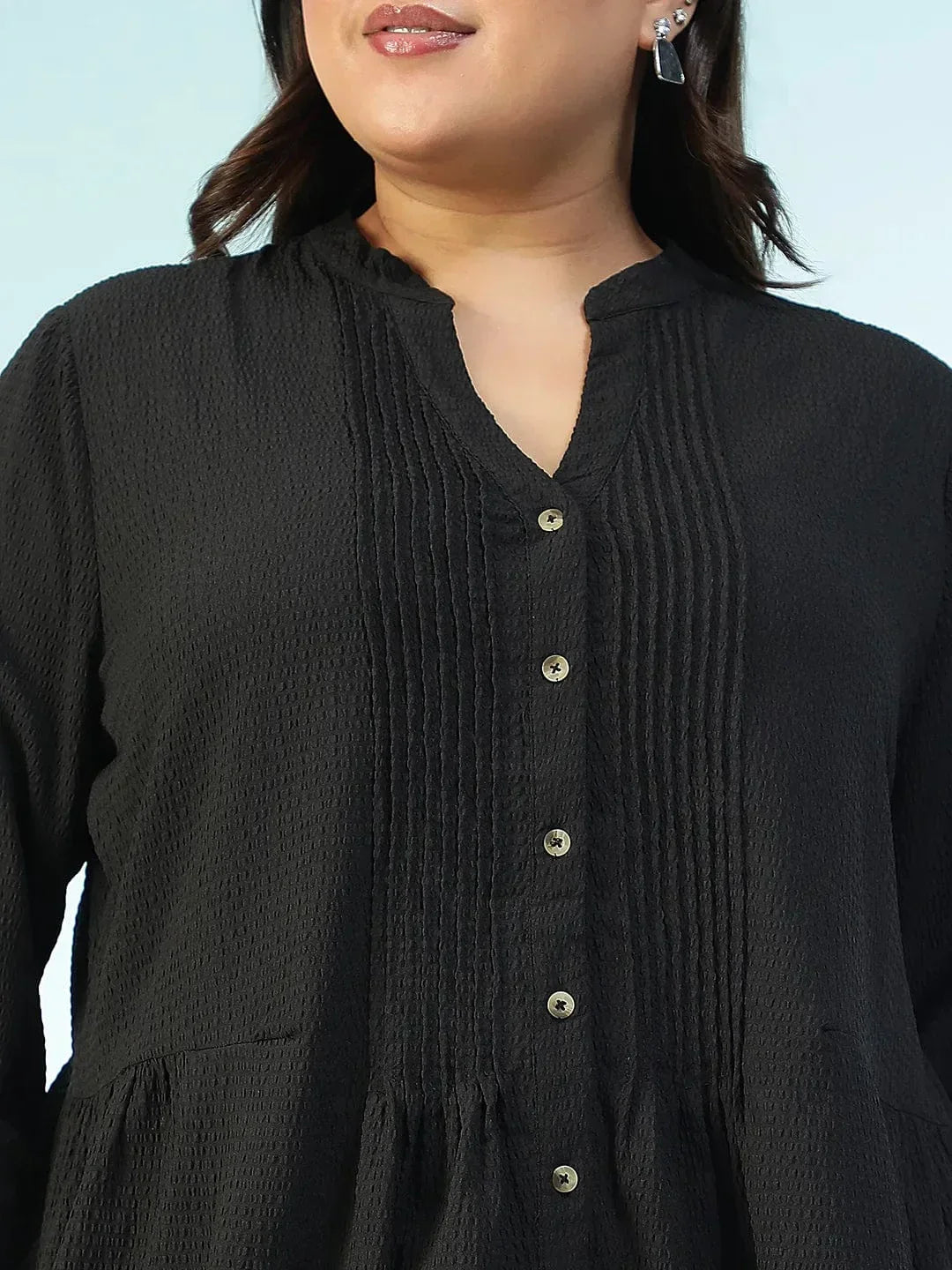 Zentail Solid Black Long Sleeve Pleates Detail Button Down Plus Size Women Dobby Tunic - oxolloxo