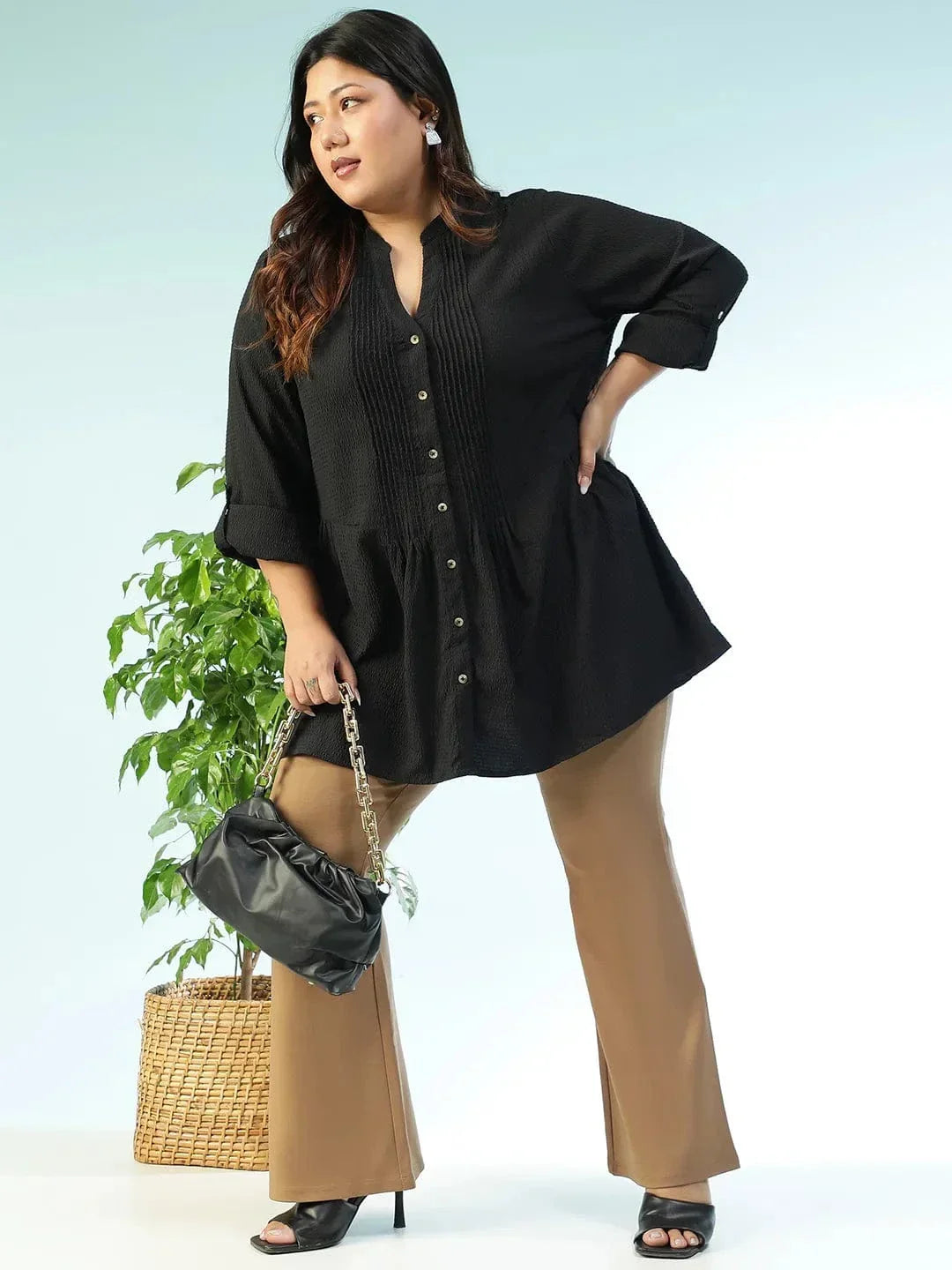 Zentail Solid Black Long Sleeve Pleates Detail Button Down Plus Size Women Dobby Tunic - oxolloxo
