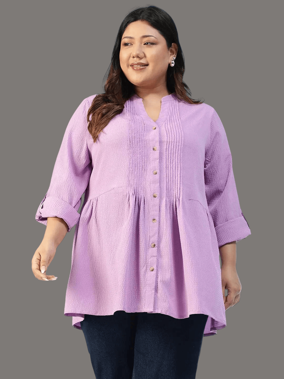 Subtle Solid Purple Long Sleeve Pleates Detail Button Down Plus Size Women Dobby Tunic