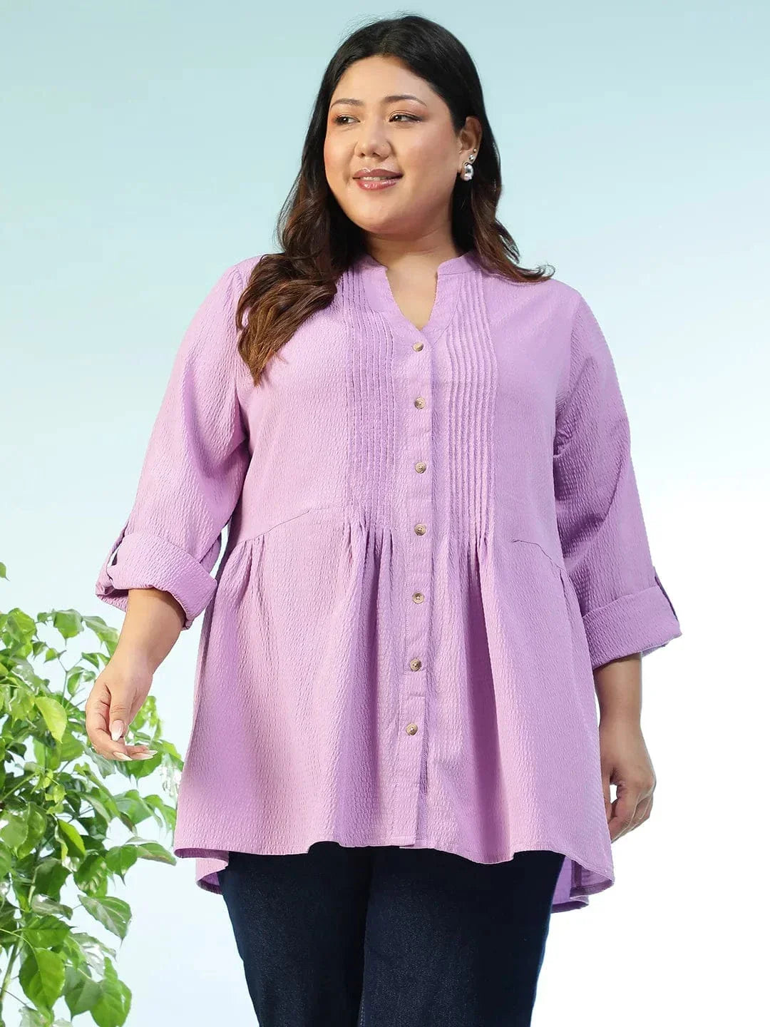 Subtle Solid Purple Long Sleeve Pleates Detail Button Down Plus Size Women Dobby Tunic - oxolloxo