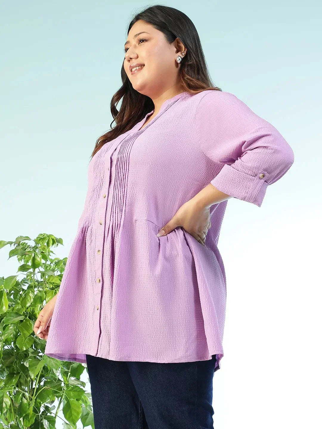 Subtle Solid Purple Long Sleeve Pleates Detail Button Down Plus Size Women Dobby Tunic - oxolloxo