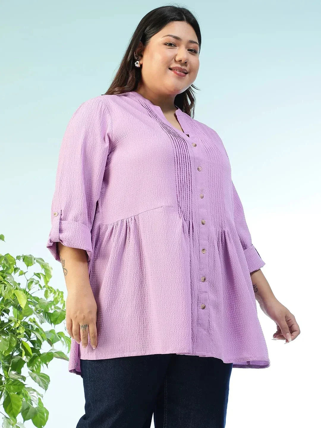 Subtle Solid Purple Long Sleeve Pleates Detail Button Down Plus Size Women Dobby Tunic - oxolloxo