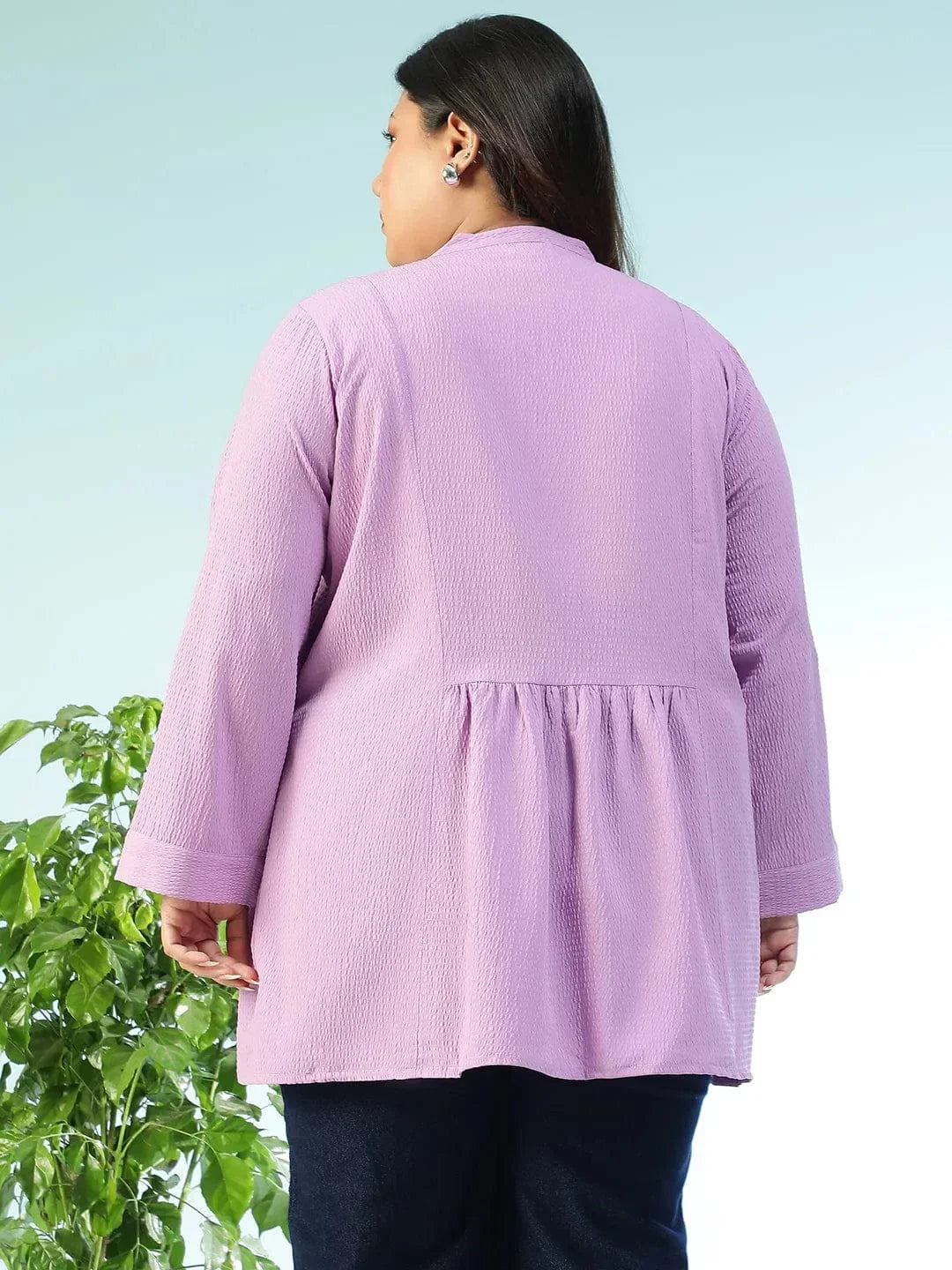 Subtle Solid Purple Long Sleeve Pleates Detail Button Down Plus Size Women Dobby Tunic - oxolloxo