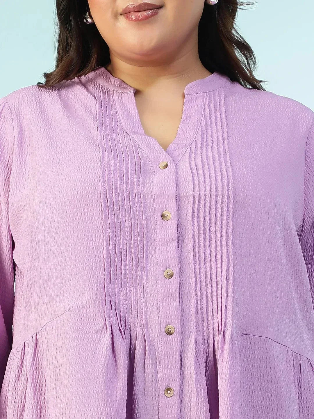 Subtle Solid Purple Long Sleeve Pleates Detail Button Down Plus Size Women Dobby Tunic - oxolloxo