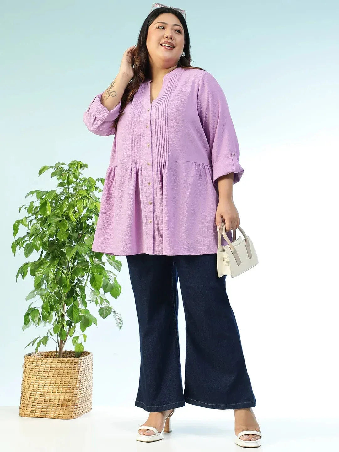 Subtle Solid Purple Long Sleeve Pleates Detail Button Down Plus Size Women Dobby Tunic - oxolloxo