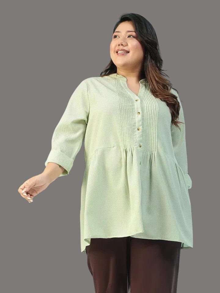Basic Solid Sage Green  Long Sleeve Pleates Detail Button Down Plus Size Women Dobby Tunic