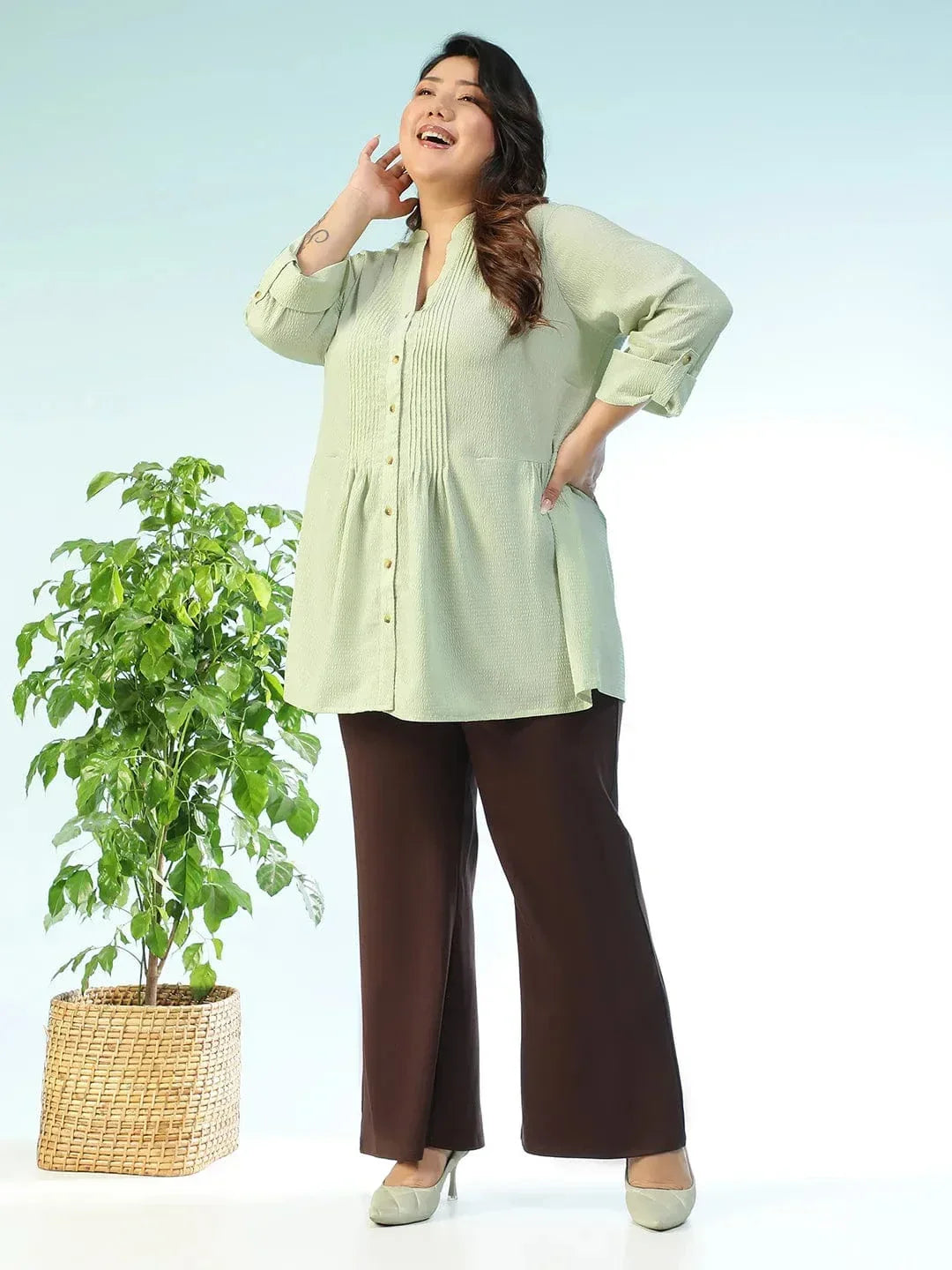 Basic Solid Sage Green Long Sleeve Pleates Detail Button Down Plus Size Women Dobby Tunic