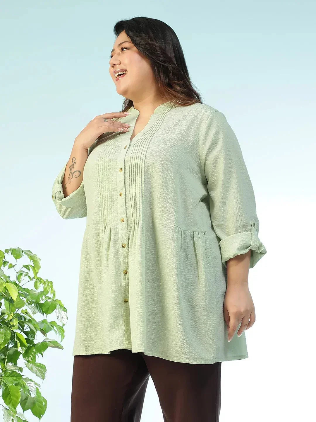 Basic Solid Sage Green Long Sleeve Pleates Detail Button Down Plus Size Women Dobby Tunic - oxolloxo