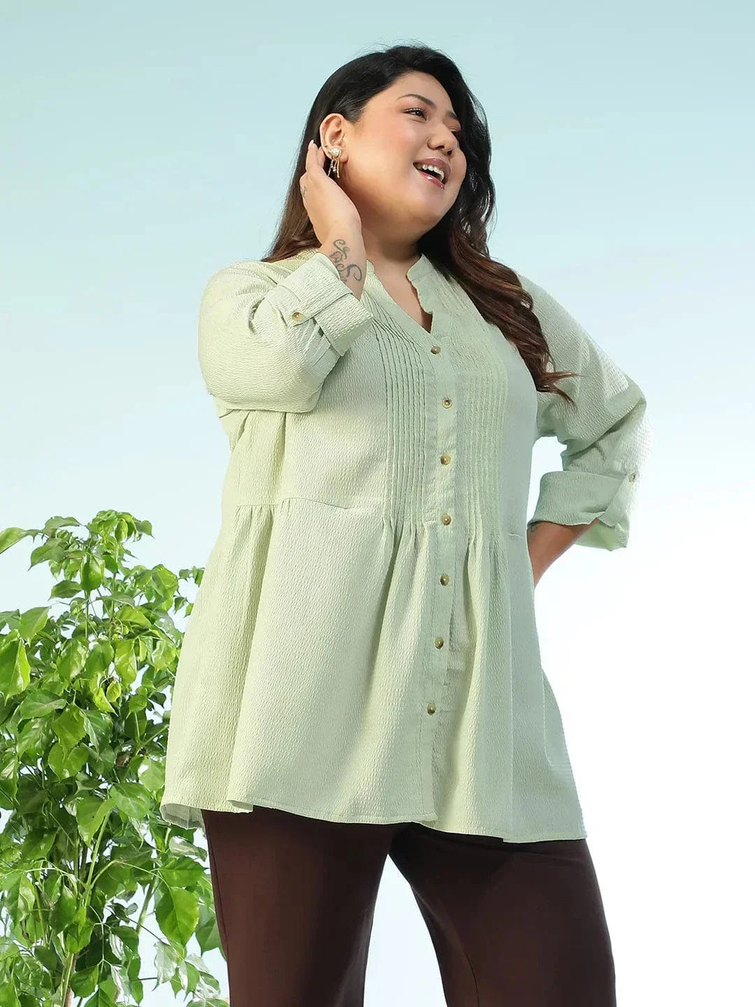 Basic Solid Sage Green Long Sleeve Pleates Detail Button Down Plus Size Women Dobby Tunic - oxolloxo