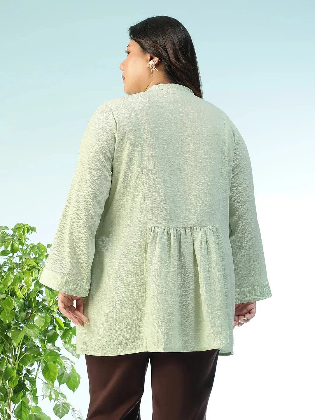Basic Solid Sage Green Long Sleeve Pleates Detail Button Down Plus Size Women Dobby Tunic - oxolloxo