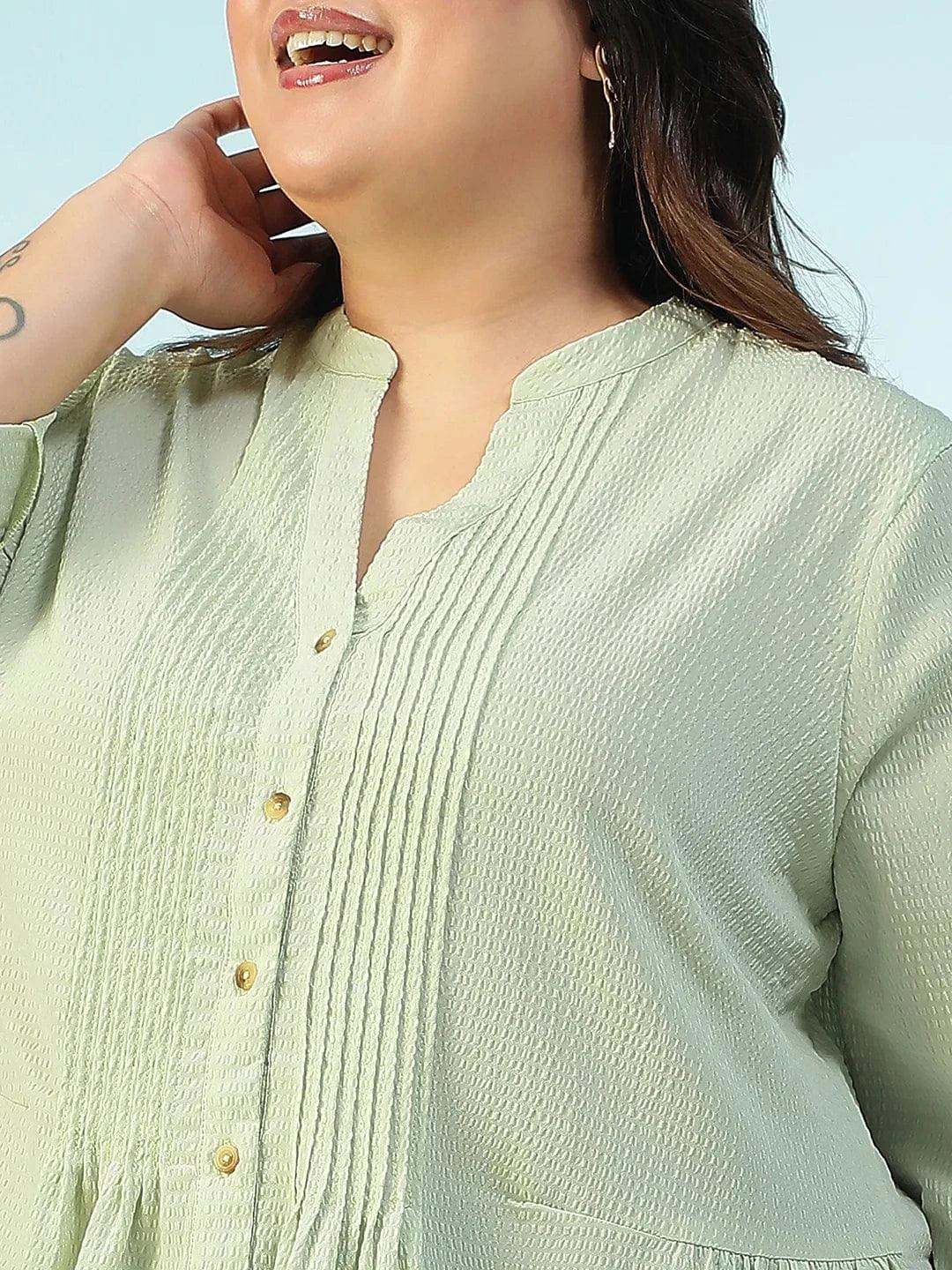 Basic Solid Sage Green Long Sleeve Pleates Detail Button Down Plus Size Women Dobby Tunic - oxolloxo