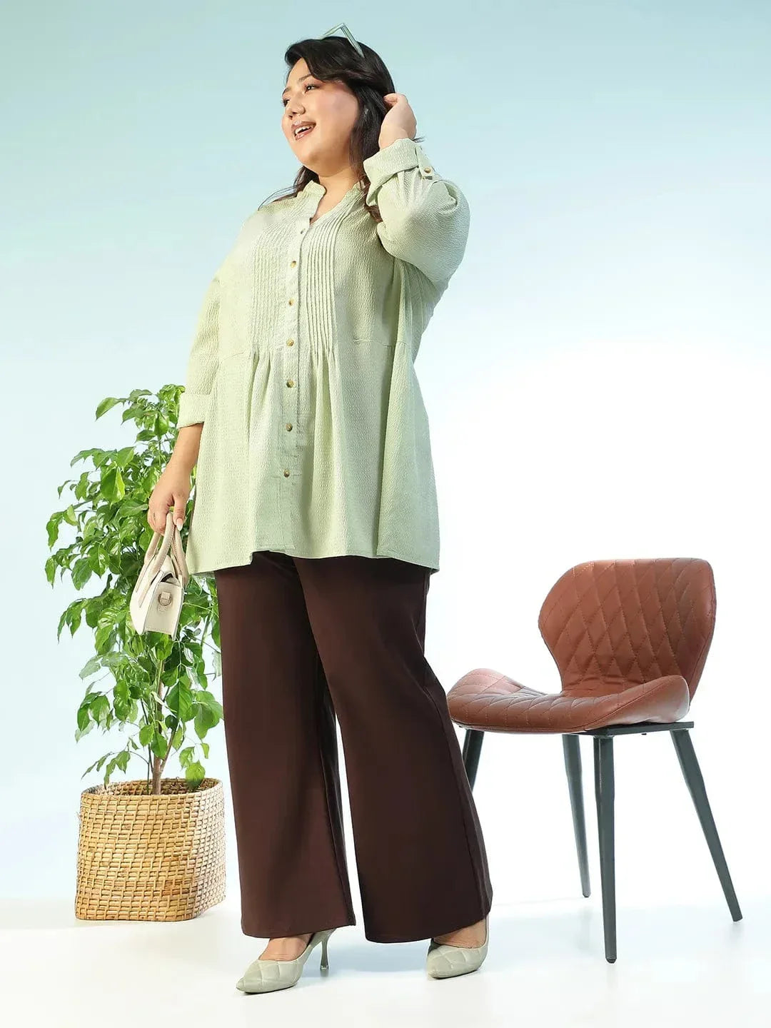 Basic Solid Sage Green Long Sleeve Pleates Detail Button Down Plus Size Women Dobby Tunic - oxolloxo