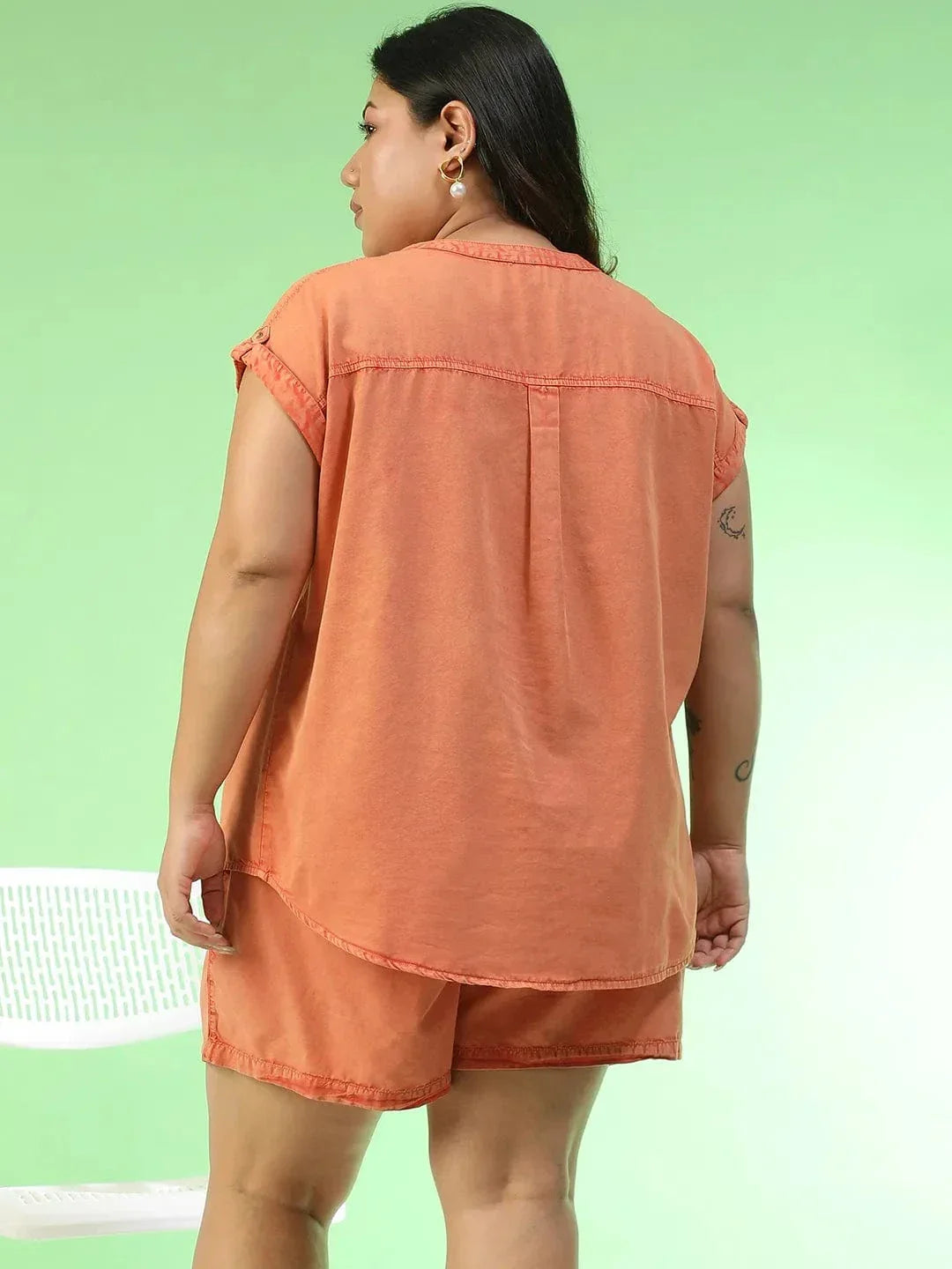 Plus Size Co-Ord Set - Orange Cotton Denim Two Piece Outfit With V Neck Top & Shorts