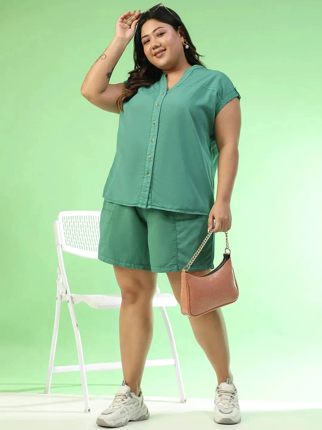 Marine Green Top & Shorts Plus Size Women Colored Denim Over-Washed Cotton Co-Ord Set